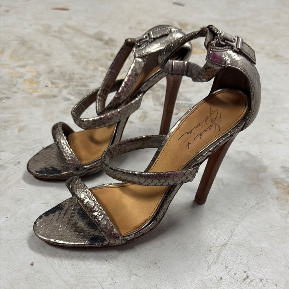 Badgley Mishka Elegant Silver High Heel Sandals - Size 8.5 Snake Skin